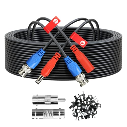 33FT/10M All-in-One Video Power Cable, Premade BNC Video Power Cable Extension Wire for CCTV Security Camera DVR Surveillance Systems, with BNC RCA Connectors & Cable Clips (Black) - size: 33ft