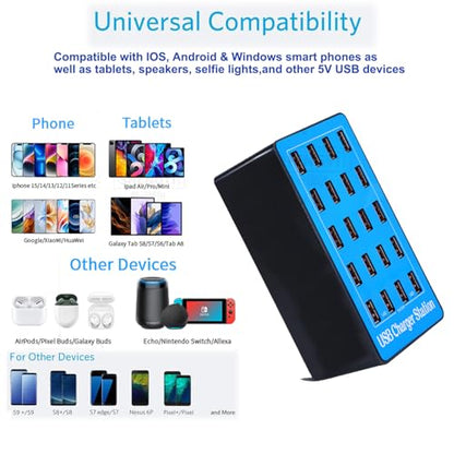 MaxLax USB Charging Station, 20-Port 100W/20A Multi-USB Charger Station for Smartphones, Tablets, and Other Devices - color: LIght blue-20 port