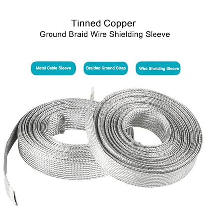 Tinned Copper Braided Cable Shielding Sleeve Metal Wire Loom Sheathing EMI RFI ESD Protector Grounding Mesh Flat Tubular Expandable 1/4" W(0.16" ID)-16FT - size: 1/4"W(0.16"ID)-16FT
