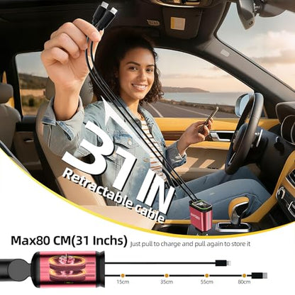 Retractable Car Charger with 31-Inch Cables 4 in 1 Fast Car Charger USB C Car Adapter with Starry Sky Light for iPhone 17 16 15 14 Car Accessories Gifts for Men Women Drivers (RED) - color: RED