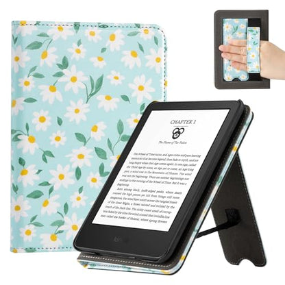 CoBak Case for 6" E-Reader - PU Leather Smart Cover with Auto Sleep/Wake & Hand Strap, not Compatible with Kobo Clara,Blue Daisy - color: Blue Daisy
