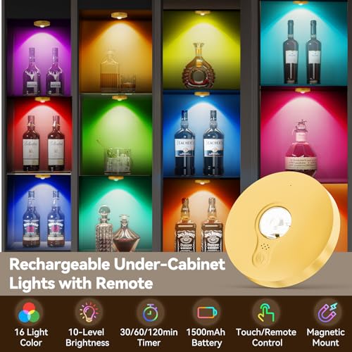 Rechargeable Puck Lights with Remote, 3 Pack Magnetic Under Cabinet Lighting, 1500mAh Battery Operated LED Tap Lights with Dimmer & Timmer for Kitchen, Closet, Shelf - 3 Color Temps & 12 RGB, Gold - color: Gold
