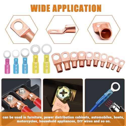 mankk 180PCS Copper Wire Lugs with Tool AWG 2 4 6 8 10 12 14 16 Gauge Battery Terminal Connectors Battery Cable Ends Connectors Copper Ring Terminal Kit with Heat Shrink - color: 180PCS+Tool