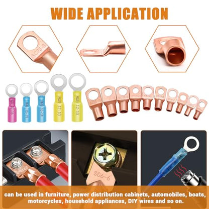 mankk 180PCS Copper Wire Lugs with Tool AWG 2 4 6 8 10 12 14 16 Gauge Battery Terminal Connectors Battery Cable Ends Connectors Copper Ring Terminal Kit with Heat Shrink - color: 180PCS+Tool