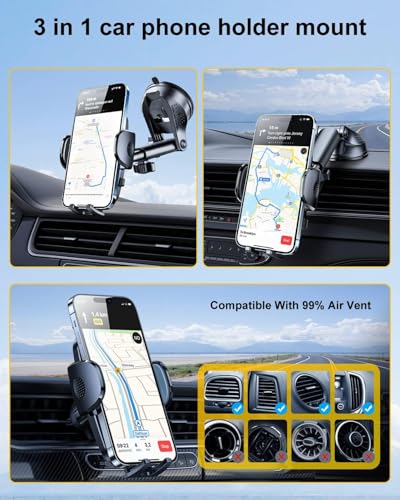Rorhxia Blue 3-in-1 Phone Mount for Car [2025 Most Stable and Flexible Suction Cup] Vent Dashboard Windshield Cell Phone Holder Car Fit for iPhone, Samsung, All Phone - color: Blue