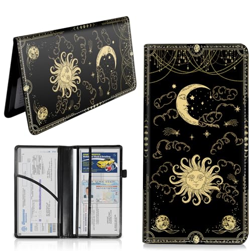Car Registration and Insurance Card Holder, Vehicle License Documents Glove Box Compartment Organizer Wallet, ID Card Holder for Car Essentials Automobile, Sun Moon Clouds Witchy - color: Aesthetic Sun Moon Clouds