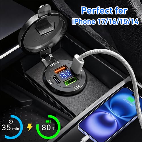 Qidoe 2Pack 12V-40V USB Outlet with Voltmeter, High Voltage 66W 4 Port Dual USB C PD 30W & Dual QC3.0, Waterproof Car Charger for RV Boat Marine Truck Car