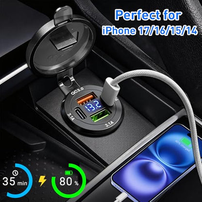 Qidoe 2Pack 12V-40V USB Outlet with Voltmeter, High Voltage 66W 4 Port Dual USB C PD 30W & Dual QC3.0, Waterproof Car Charger for RV Boat Marine Truck Car