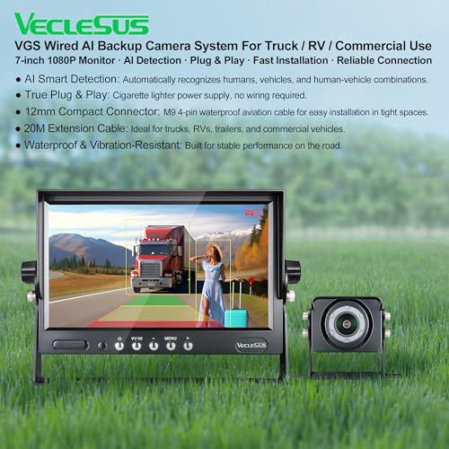 VGS AI Backup Camera System, 1080P HD Starlight Night Vision, Auto Detect Pedestrians, Vehicles & Pedestrian-Vehicle Combo, 7" Auto-Dimming Monitor, IP69K Waterproof for Trucks & RVs