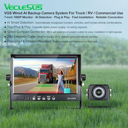 VGS AI Backup Camera System, 1080P HD Starlight Night Vision, Auto Detect Pedestrians, Vehicles & Pedestrian-Vehicle Combo, 7" Auto-Dimming Monitor, IP69K Waterproof for Trucks & RVs