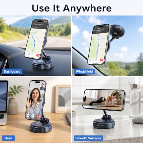 Magnetic Phone Holder for Car, MagSafe Compatible Car Mount with Super Strong Suction, 360° Adjustable Dashboard & Windshield Cell Phone Mount (Black)