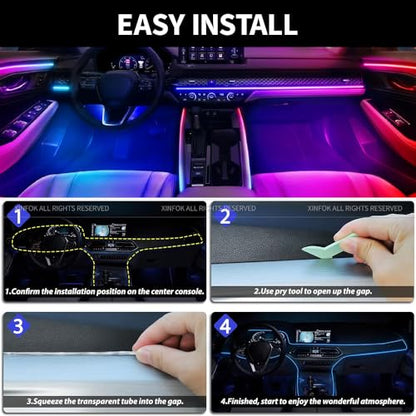 Ambient Lighting Car Led Lights Interior with APP, USB Powered Acrylic Neon Flexible Strip Fiber Optic LED Ambient Lighting kit,4 in 1 Car Center Console Dashboard RGB Sound Active Music Lights Sync - size: 4 in 1(43.3inch*1+29.5inch*2+13.8inch*1)