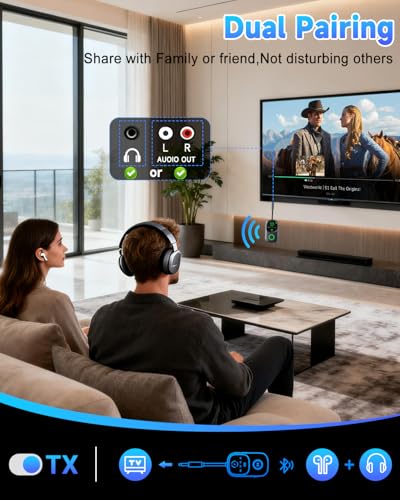 LED Display 2 in 1 Bluetooth 6.0 Transmitter Receiver 3.5mm AUX Jack RCA Wireless Audio Adapter Dongle for Airpods Headphones TV Airplane Flight Car Speaker Home Stereo, Dual Pairing & Handsfree Call - color: Black AUX+RCA Cable