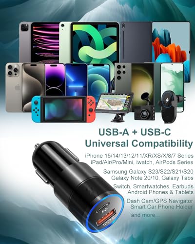 USB C Car Charger 38W, OKRAY 2-Port Car Phone Charger PD&QC Fast Charging