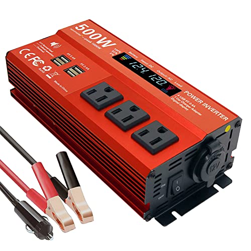 500W Peak 1000W Power Inverter for Vehicles,DC 12V to 110V AC,4 x 2.4A USB Ports car Plug in Adapter Outlet with 1 Cigarette Lighter Ports car Power Inverter - size: 500W