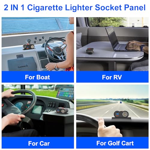 2-in-1 Surface Mount 12V USB Outlet Cigarette Lighter Socket, PD 30W and QC18W Car USB Port Car Charger with Button Switch LED Voltmeter and 120W Socket, Suitable for Cars, Boats, RVs and ATVs