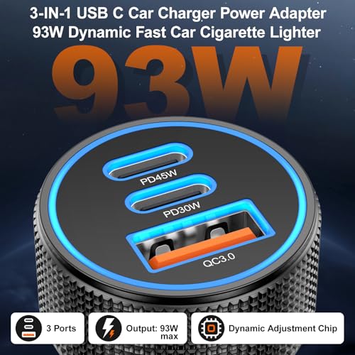 OKRAY 93W USB C Car Charger 3-Port PD45W+30W Super Fast Charge Car Charger - color: Black