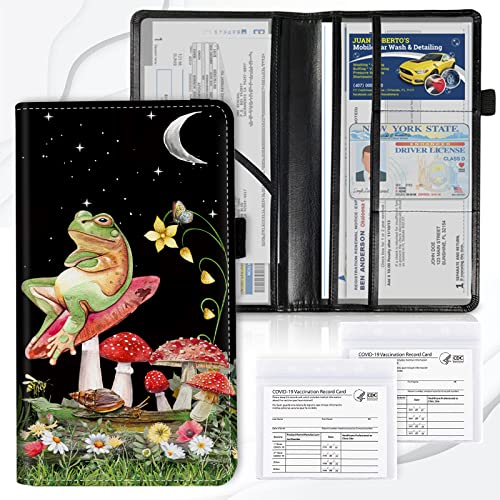 Car Registration and Insurance Card Holder, Premium PU Leather Vehicle Wallet Cover for Glove Box Car Organizer Drivers License/Cards/ID Essentials Document Holder, Aesthetic Mushroom Frog - color: Aesthetic Mushroom Frog