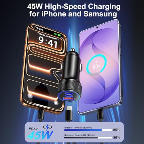 93W Car Charger USB C Fast Charge,PD45W/PD30W 3Port Fast Car Phone Charger - color: Black, size: 1-Pack