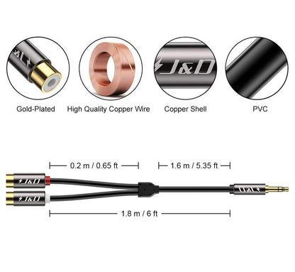J&D RCA to 3.5mm Cable, 1/8 inch 3.5mm Auxiliary Male to 2RCA Female Stereo Audio Cord Gold Plated Aux Y Splitter for Smartphone, Tablet, MP3, Computer, Speaker, 6 Feet - size: 6 Feet