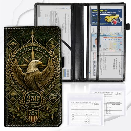 Car Registration and Insurance Card Holder Wallet, Bald Eagle USA 250th Vehicle Document Organizer for Glove Box, Auto License & ID Card Holder Case, Slim Multi-Slot Car Paper Organizer - color: Bald Eagle USA 250th