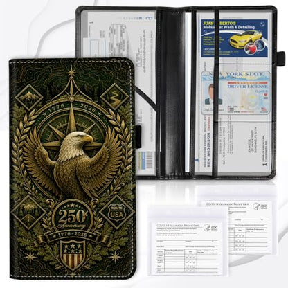 Car Registration and Insurance Card Holder Wallet, Bald Eagle USA 250th Vehicle Document Organizer for Glove Box, Auto License & ID Card Holder Case, Slim Multi-Slot Car Paper Organizer - color: Bald Eagle USA 250th