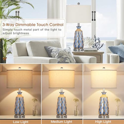 Ruzectt 25.5" Coastal Glass Table Lamps Set of 2, 3-Way Dimmable Touch Control Bedside Lamps with 2 USB Ports and AC Outlet, Blue Nautical Nightstand Lamps for Bedroom Living Room (LED Bulbs Included) - color: Blue