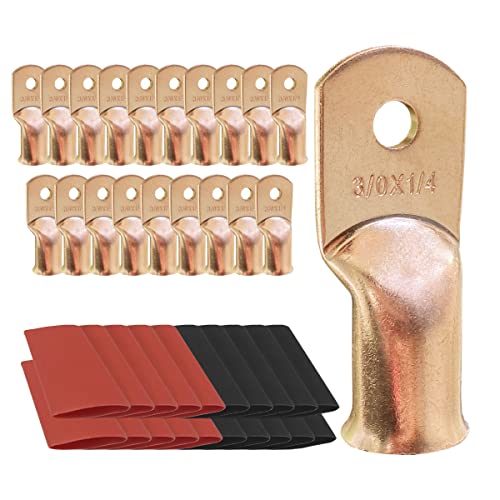 10pcs 3/0 AWG-1/4 Ring Battery Lugs, Copper Lugs, Battery Cable Ends, Tubular Ring Terminals, Crimp Wire Ring Lugs, Battery Terminal Connectors with Heat Shrink Tubing (10, 3/0 Awg - 1/4" (M6) Ring) - size: 3/0 Awg - 1/4" (M6) Ring