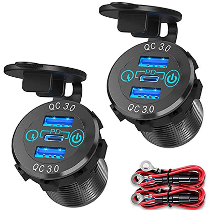 12V USB C Car Charger Socket 2 Pack, Qidoe 56W Aluminum Socket 12V USB Outlet 20W PD3.0 USB-C and Dual QC3.0 Ports with Touch Switch Waterproof DIY USB Port for Car Boat RV Motorcycle Truck Golf Cart