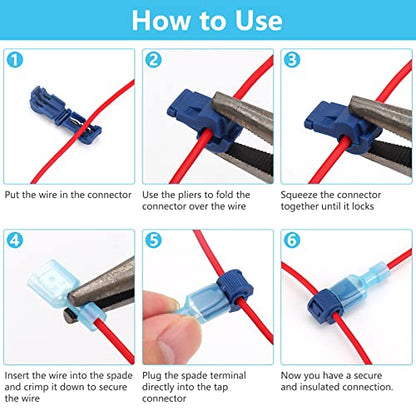 120 Pcs Quick Splice Wire Terminals, Male & Female Blue T-Tap Self-Stripping Quick Splice Connectors, Nylon Fully Insulated Quick Disconnects Kit 16-14 Gauge (60 Pairs)