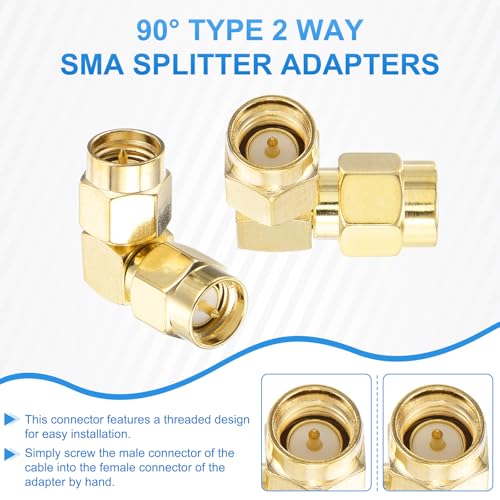 MECCANIXITY 5Pcs 90° Type SMA Right Angle Adapter SMA Male to Male Adapter Converter 50 Ohm for Antennas, Signal Monitoring, Test Bench, Router, Car Navigation, Gold