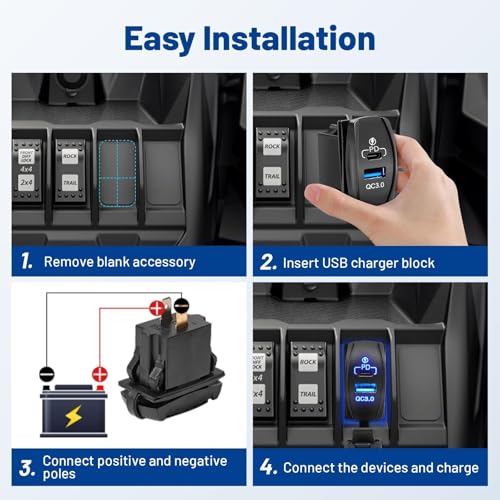 Anina USB Rocker Switch 18W QC3.0 USB 30W PD Outlet Waterproof 12V 24V Dual Ports Charger with Blue LED Light for Marine Vehicle RV Boat Truck UTV