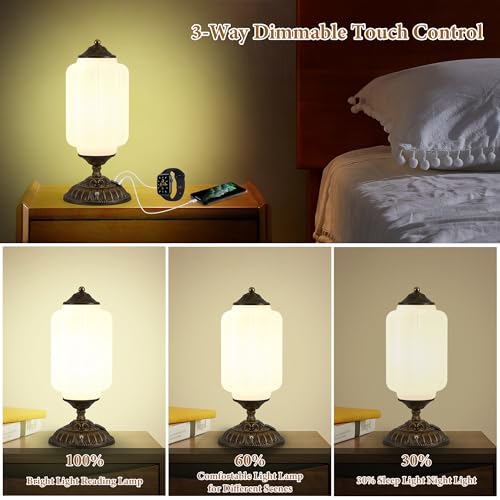14" Milk Glass Touch Table Lamps Set of 2 with USB C+A Charging Ports - color: White-2Pack