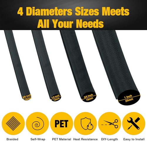 118 Inch Cable Sleeves Sheath,Black Cable Management for USB Cable Power Cord Audio Video Cable,Braided Wire Loom Tubing Cord Protectors from Pets No Chew(3/4"-10ft) - size: 3/4"-10ft