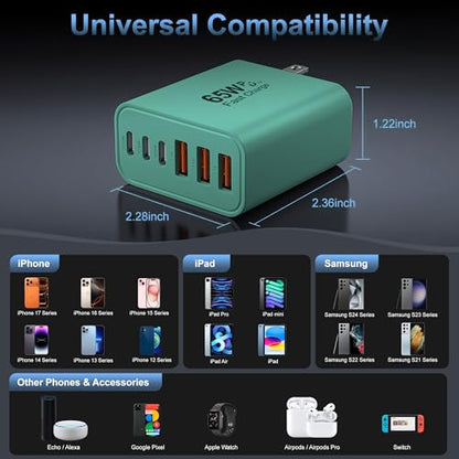 65W USB C Charger Block,6-Port Multi Device Fast Charger PD QC Wall Adapter - color: Green, size: 65w
