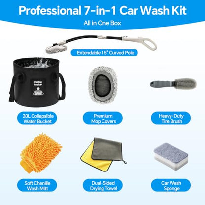 7-in-1 Car Wash Kit with 20L Folding Bucket & Brush – Car Wash Mop with Long Handle, 15° Curved Aluminum Pole for SUV Roof, Car Washing Brushes & Cleaning Supplies, RVs-White. - color: White