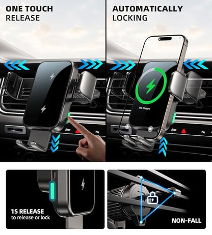 Dual Coil 15W Cup Phone Holder Mount, 2 in 1 Wireless Car Charger Auto-Clamping Fast Charging Vent Phone Holders for Your Car for iPhone 17 16 15 14 13 12 11, Samsung S25 S24 S23 S22 S21 S20