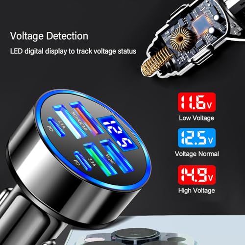 Car Charger USB C with LED Voltage Display,6 Ports PD and QC3.0 Car Cigarette Lighter Adapter for Phone Tablets Fans,Universal 12V/24V Cigarette Lighter USB Charger