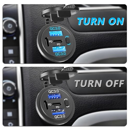 VANONE 12V USB Outlet Socket with On/Off Switch – 4-Port Fast Charging