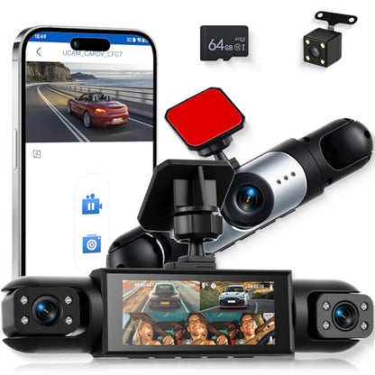 3.16-inch 1080P Dash Cam Front and Rear Inside Left/Right, 4 Channel Dash Camera for Cars, IR Lamp Night Vision Loop Recording Motion Detection Reversing Assistant+ 64GB SD Card