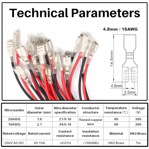 30PCS 4.8mm Female Spade Crimp Terminals with Insulating Sleeves - size: 4.8 mm terminals & 20cm long wires
