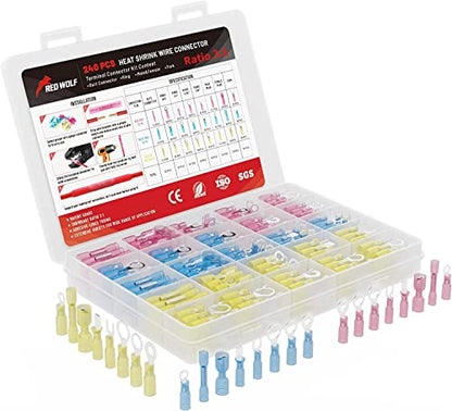 RED WOLF 240PC Heat Shrink Wire Connector Butt Kit, Insulated Crimp Connectors Ring Fork Spade Crimp Terminal to Joint Splice Cable for Automotive Industrial Waterproof, 10-12 14-16 16-22 AWG