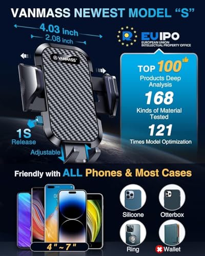 VANMASS 2026 Phone Holders for Your Car Ultimate Military-Grade Car Phone Holder Mount【Patent & Safety Certs】Upgraded Shockproof Truck Air Vent Phone Mount for iPhone 17 Pro Max 16 15 Samsung Android - color: Black