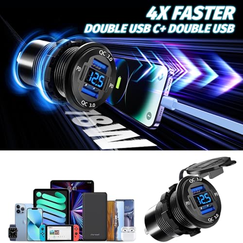 2 Pack 12V USB Outlet, Waterproof Marine USB Port with Voltmeter - color: Pack of 2