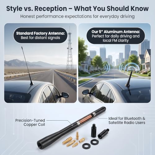 5 Inch Car Short Antenna – Aluminum Alloy American Flag Auto Radio Antenna for AM/FM Universal Replacement with 10 Adapters & 2 Washers, Fits Ford F-150 Jeep Wrangler Toyota Tacoma Honda CR-V