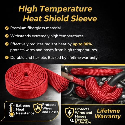 Wire Heat Shield Sleeve Fiberglass Heat Shroud Heat Sleeving Fuel Line 3/8" I.D. X 10Ft With 10 Pcs Stainless Steel Cable Metal Zip Ties for Car & Auto Wire Red - color: Red, size: 3/8'' ID x 10'