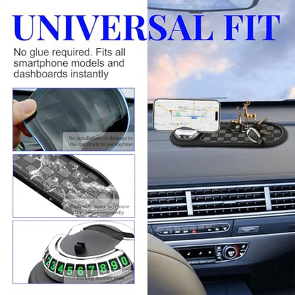 HZEL Car Dash Anti-Slip Pad, 3 in 1 Rotating Vehicle Dashboard Mat with Temporary Parking Number, Anti-Shake Auto Phone Sunglasses Keys Holder Organizer Pad, Universal Fit (Black/Silver) - color: Black/Silver