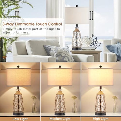 Ruzectt 25.5" Coastal Glass Table Lamps Set of 2, 3-Way Dimmable Touch Control Bedside Lamps with 2 USB Ports and AC Outlet, Clear Nautical Nightstand Lamp for Bedroom Living Room (LED Bulbs Included) - color: Clear
