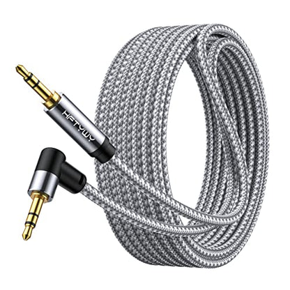 90-Degree Right Angle Aux Cord 30ft, 3.5mm Audio Cable Nylon Braided, Hi-Fi Stereo Sound for Car Stereo, Headphones, Speakers, Desktop Gaming - No Bulk, No Strain - size: 30ft