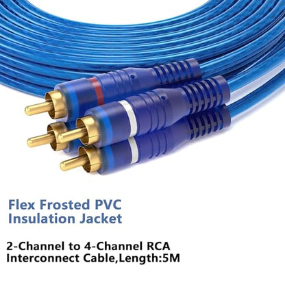 MAYWILLA RCA Car Audio Y Splitter Cable 2 Channel to 4 Channel RCA Car Audio Interconnect Cable 2 Male to 4 Male Gold Plated Twisted Pair Adapter Cord OFC Full Shielded with Noise Reduction (5M)